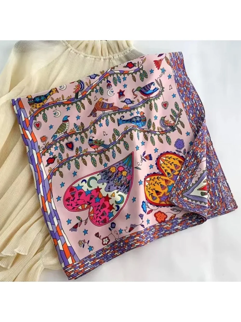 New Square Scarf Silk Satin Printed Pink Tree Birds Heart Whimsical Novelty